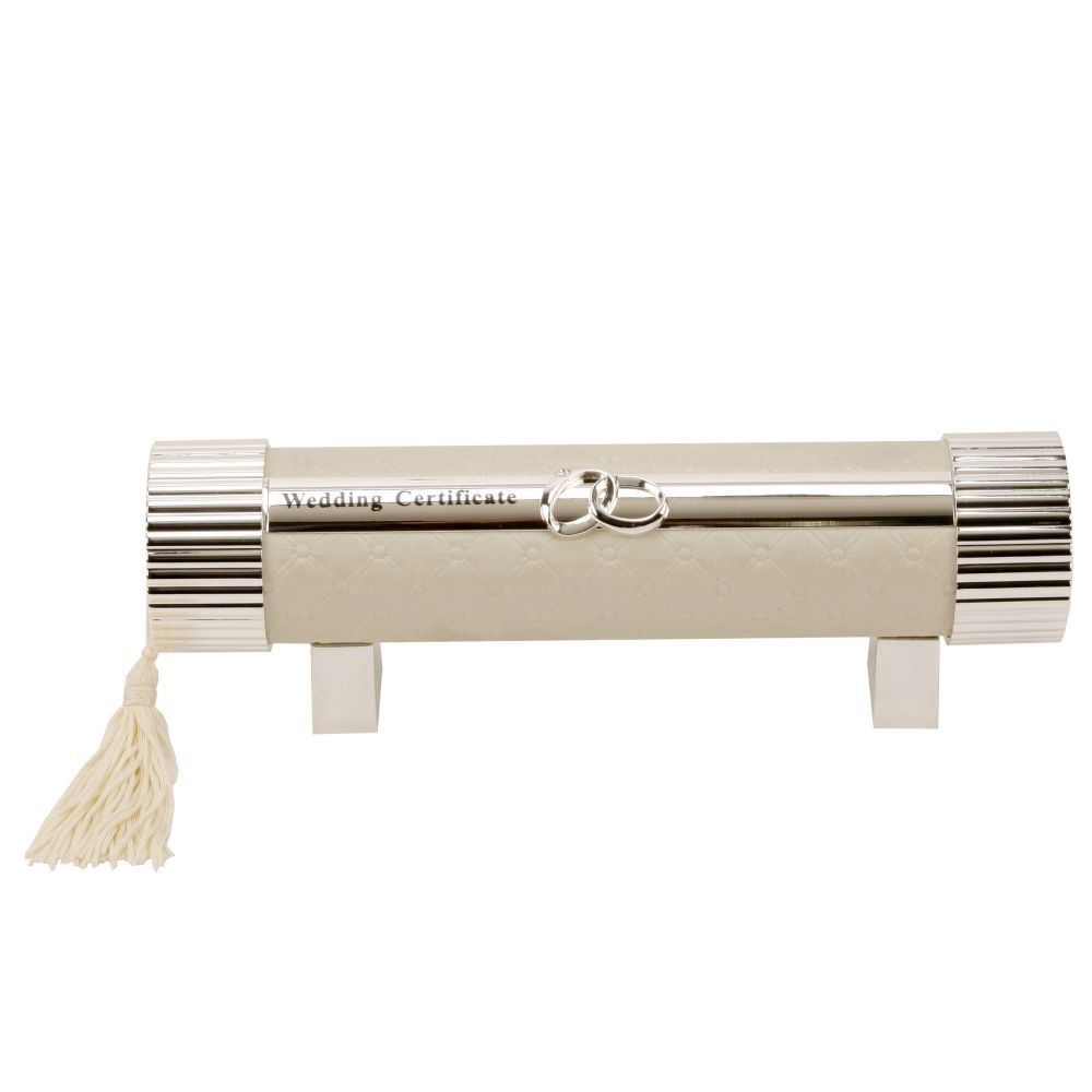 A beautiful silver wedding certificate holder, the design features a pretty tied ribbon to seal the holder.  This beautiful piece comes with a matching display box and tag.