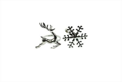 2 Assorted silver Napkin Rings Snow reindeer