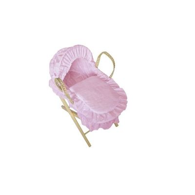 Girls Doll Size Moses Basket set With Stand - Pink Broderie Anglais