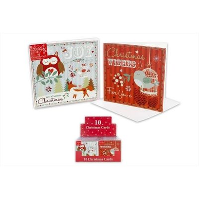 10 Blue & Red Woodland Animal Christmas Cards