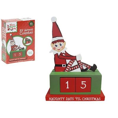 6.5 Inchh Wooden Elf Countdown     With Changeable Block Dates In Bx