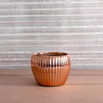 Copper Ribbed Bulbous Ceramic Pot 10cm