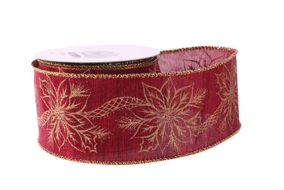 Red with Gold Poinsettia Ribbon (63mm x 10yds)