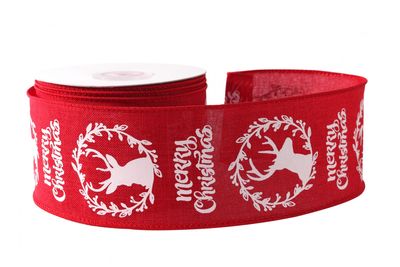 Red with White Wreath Merry Christmas Ribbon (63mm x 10yds)