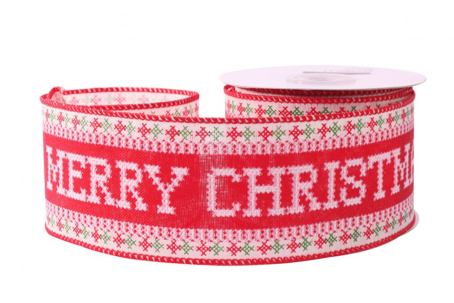 Merry Christmas Cross Stitch Red/White/Green Ribbon (63mm x 10yds)