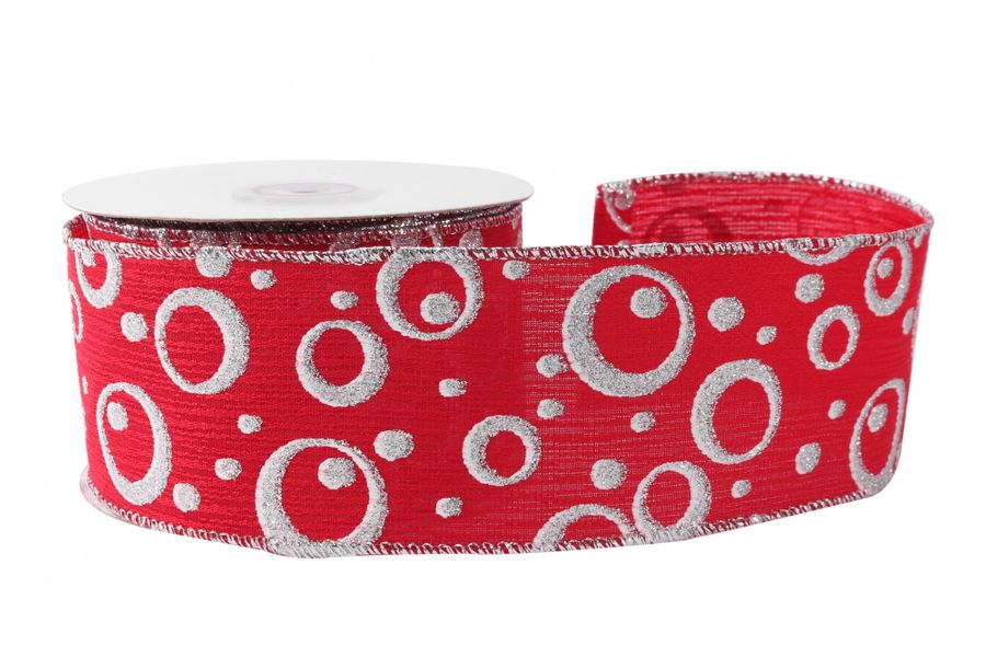 Red with Silver Glitter with White Circles Ribbon (63mm x 10yds)