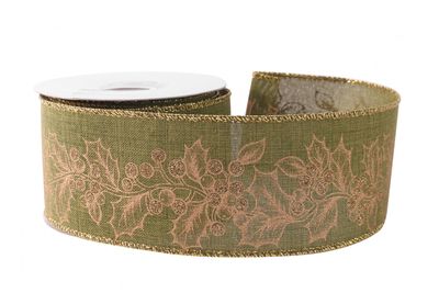 Green with Gold Holly Ribbon (63mm x 10yds)