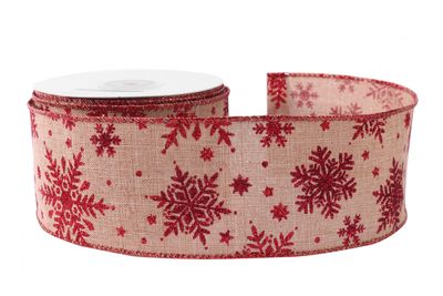 Natural with Red Glitter Snowflakes Ribbon (63mm x 10yds)