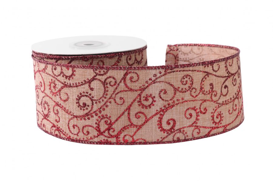 Natural with Red Glitter Swirls Ribbon (63mm x 10yds)