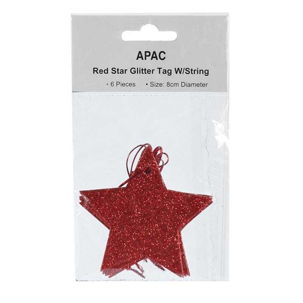 Red Star Glitter Tags W/String (6 pk)