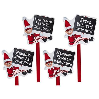 4 Assorted 25 Inch Large Wooden Elf     Garden Sign With Hang Tag     