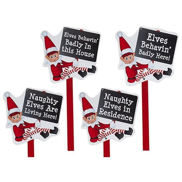 4 Assorted 25 Inch Large Wooden Elf     Garden Sign With Hang Tag     