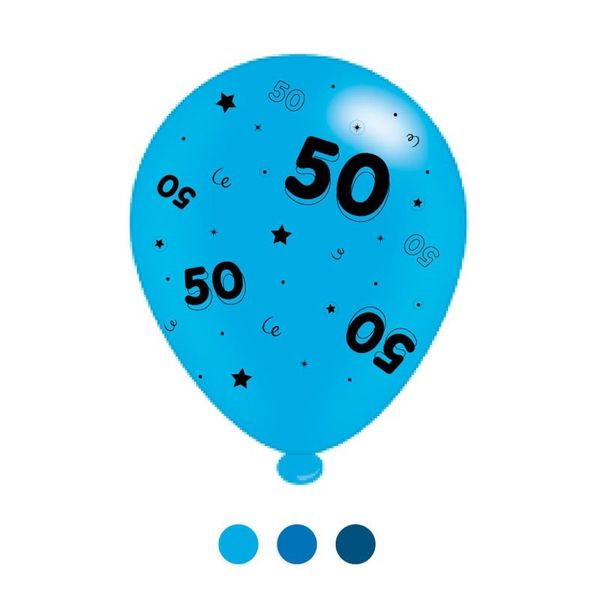 Age 50 Blue Mix  Latex Balloons x 6 pks of 8 balloons (1/48)
