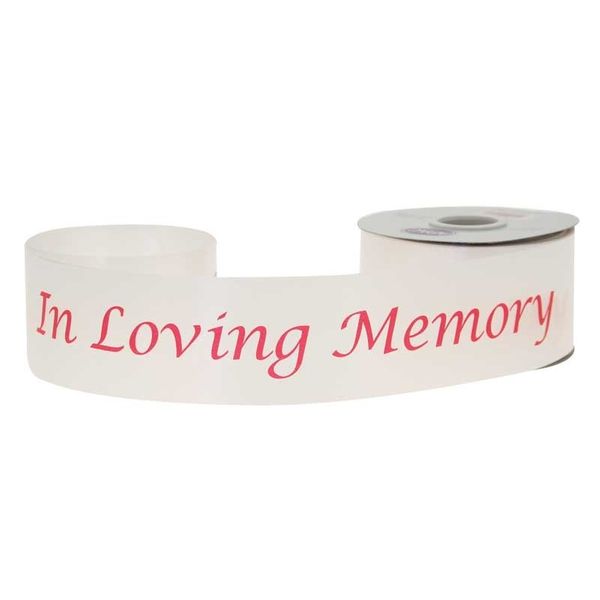 2 inch x 50 yards In Loving Memory Poly Ribbon - White with red text