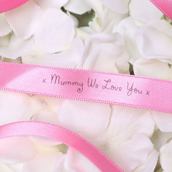 15mm Mummy We Love You Printed Bright Pink Satin Ribbon