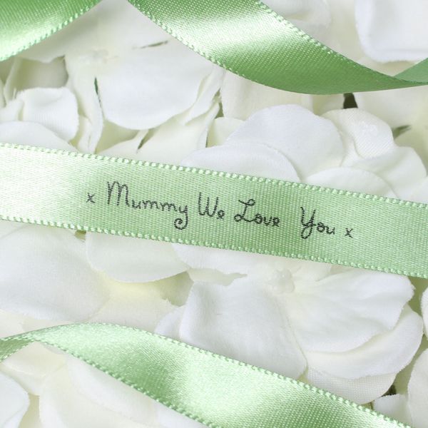 15mm Mummy We Love You Printed Moss Green Satin Ribbon