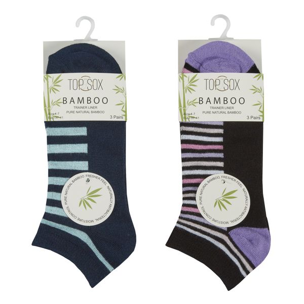 Ladies 3 Pack Stripe Bamboo Trainer Socks