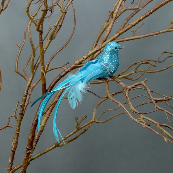 2 Blue Glitter Birds with Feathers & Beads with Clips (18cm)