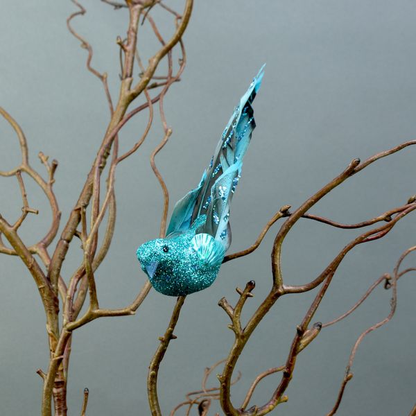 2 Blue Glittered Birds with Clip (15.5cm)