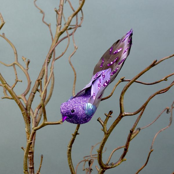 2 Purple Glittered Birds with Clip (15.5cm)