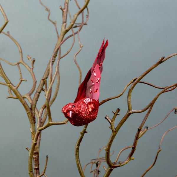 2 Red Glittered Birds with Clip (15.5cm)