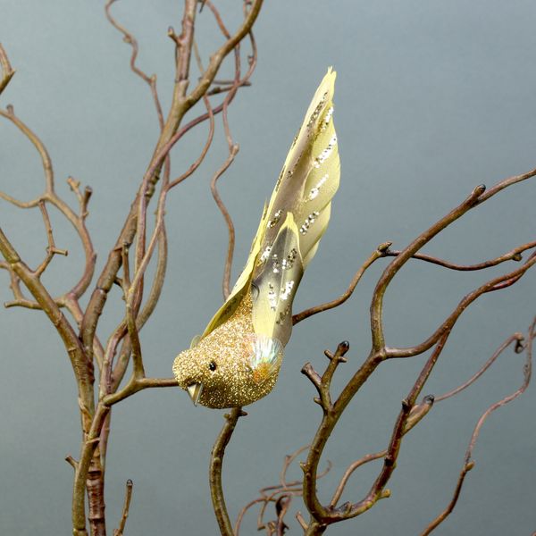 2 Yellow Glittered Birds with Clip (15.5cm)