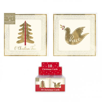 10 Gold Christmas Cards Dove or Tree (Assorted Designs)