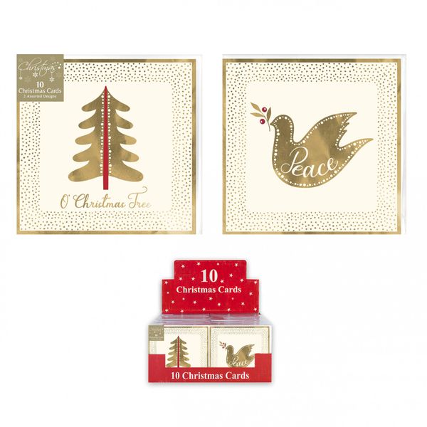10 Gold Christmas Cards Dove or Tree (Assorted Designs)