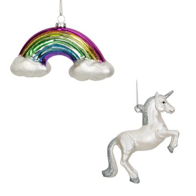 Set of 2 Unicorn and Rainbow Glass Baubles