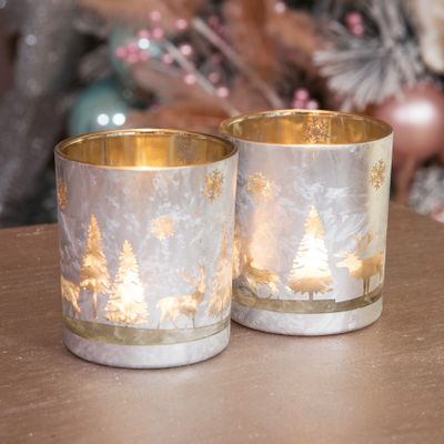 Set of 2 Silver Forest Scene Candle Holders