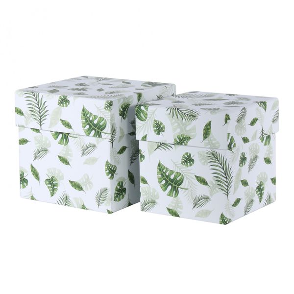 Square Green Tropical Leaf Hat Boxes Set of 2