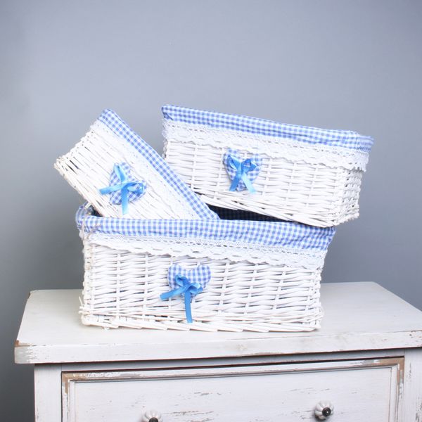 Set of 3 White Basket W/Blue Liner