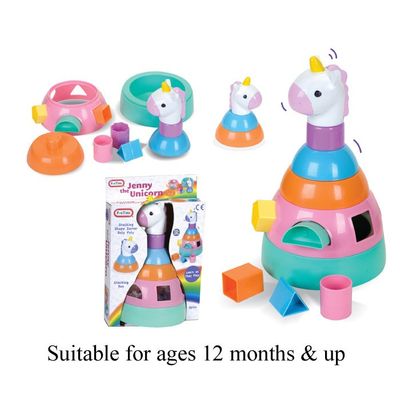 T19236 Shape sorter with unicorn head and 6 colourful shapes.