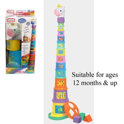 T19238 Set of 12 stacking cups with counting stickers and Unicorn head. Bottom cup doubles as a bucket with 3 shapes for shape sorting.
