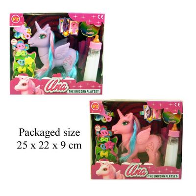 T19278 Unicorn with long mane and tail magic milk bottle small hair brushes and hair clips (2 asst)