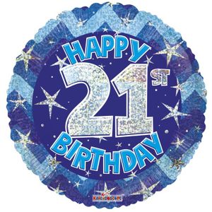 Blue Holographic Happy 21st Birthday Balloon - 18 inch