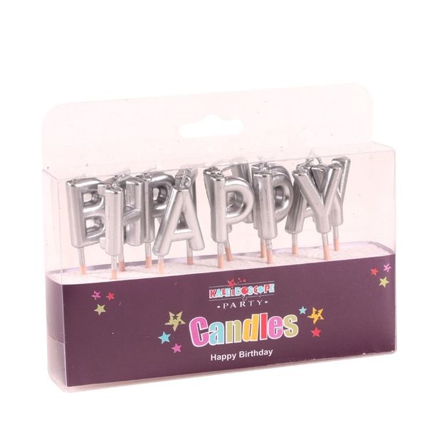 Happy Birthday Pick Candle- Metallic Silver -  Pack of 6 (48)