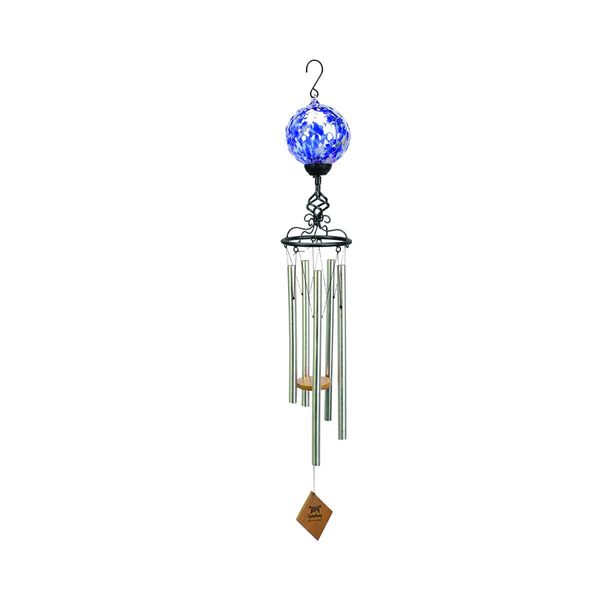 102cm (40inch) Solar Light Wind Chime, Silver with Blue Glass.