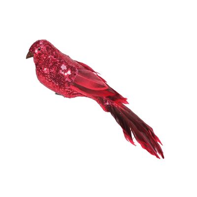 Red Sequin and Feather Bird with Clip 7x7x30cm