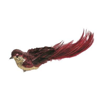 Burgundy Sequin & Glitter Feather Bird with Clip 29cm