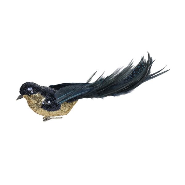 Midnight Blue & Sequin Glitter Feather Bird with Clip 29cm