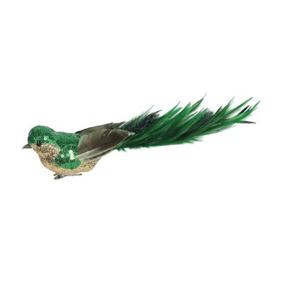 Green Sequin Glitter Feather Bird with Clip 29cm