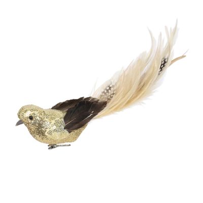 Gold Sequin Glitter Feather Bird with Clip 29cm