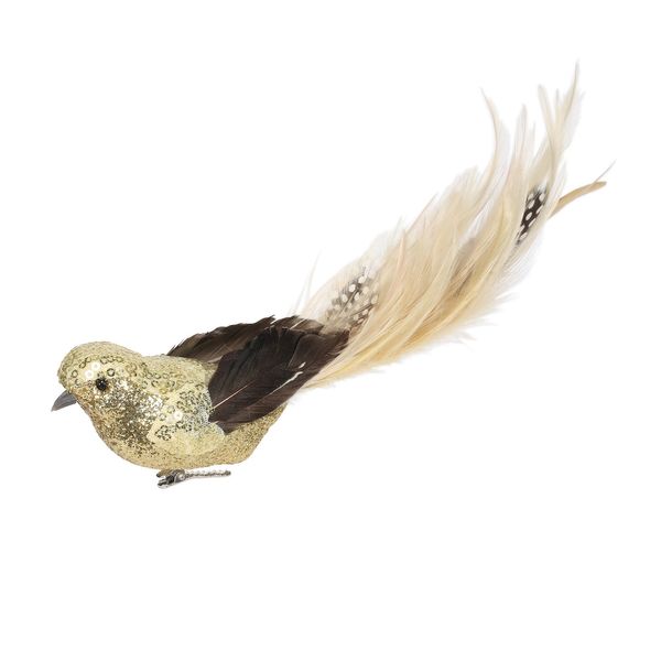 Gold Sequin Glitter Feather Bird with Clip 29cm