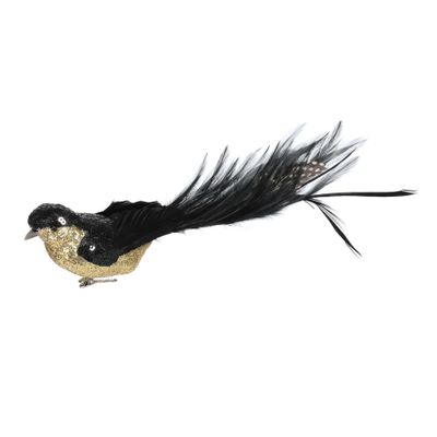 Black Sequin Glitter Feather Bird with Clip 29cm