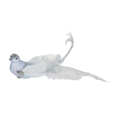 Pale Grey Glitter Bird with Clip 23cm