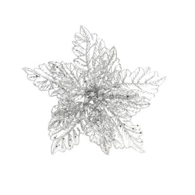Poinsettia w/Clip 23cm Glitter Silver