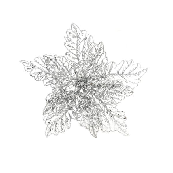 Poinsettia w/Clip 23cm Glitter Silver