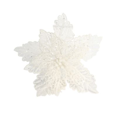 Poinsettia w/Clip - Glitter white 23cm 