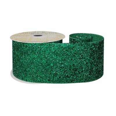 Holiday Green Glitter Ribbon 63mm x 10y wire edge 